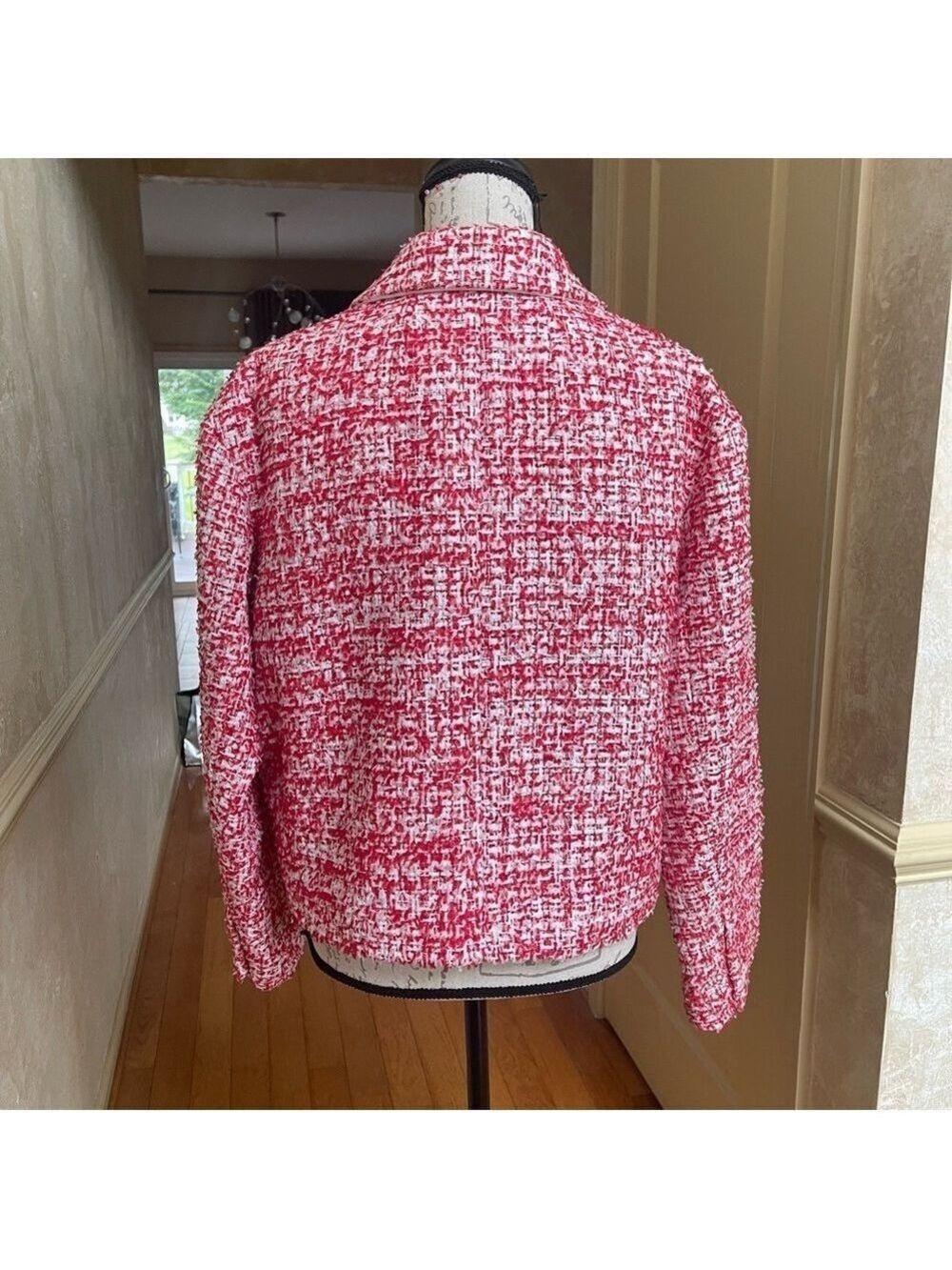 Sandro Cropped Short Tweed Jacket Blazer in Rouge sequins & metallic Sz XL - Picture 10 of 17